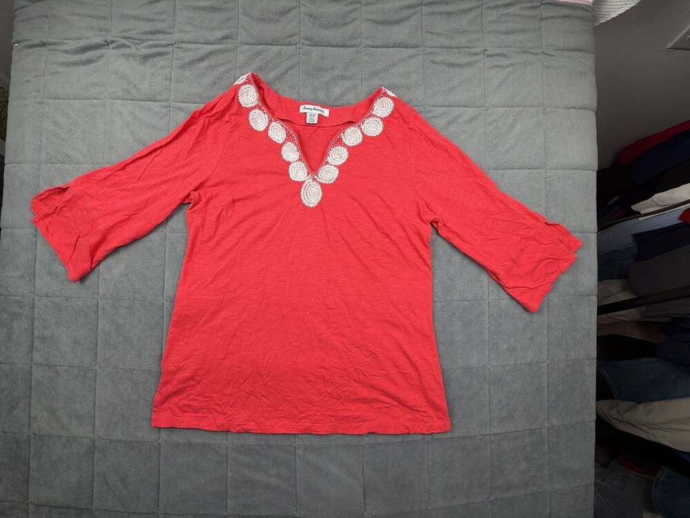 Tommy Bahama Women's Red Beaded Neckline 3/4 Bell Sleeve Tunic Top Size M